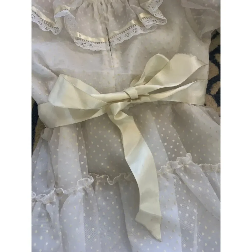Vintage First Communion Easter White Short Sleeve Lace Dress with Veil
